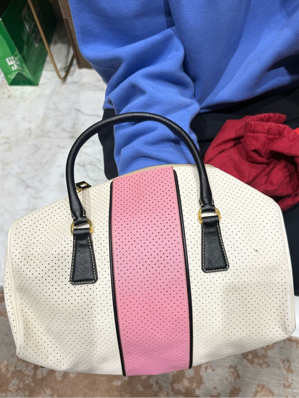 Prada Cream & Pink Perforated Leather Satchel with Black Handles - Picture 2 of 2